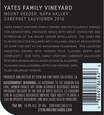 2016 Sterling Vineyards Yates Family Vineyard Mount Veeder Cabernet Sauvignon Back Label, image 3