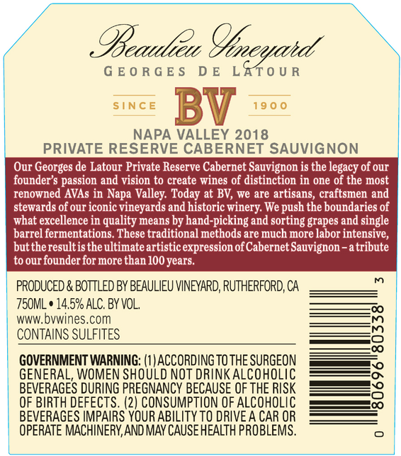 2018 Beaulieu Vineyard Private Reserve Georges de Latour Napa Valley Cabernet Sauvignon Back Label