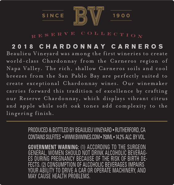 2018 Beaulieu Vineyard Reserve Carneros Chardonnay Back Label