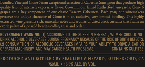 2016 Beaulieu Vineyard Clone 6 Napa Valley Cabernet Sauvignon Back Label
